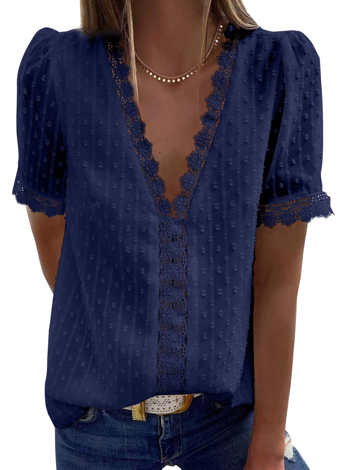 ✨Hot Sale-Women's V Neck Lace Crochet Tunic Tops Flowy Casual Shirts