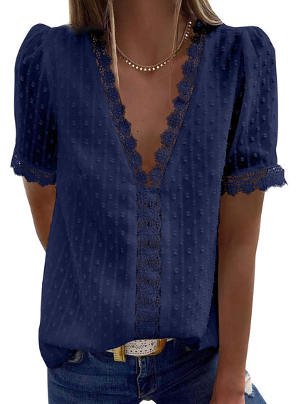 ✨Hot Sale-Women's V Neck Lace Crochet Tunic Tops Flowy Casual Shirts