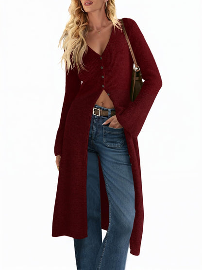 Women's V Neck Bell Sleeve Maxi Knit Cardigan