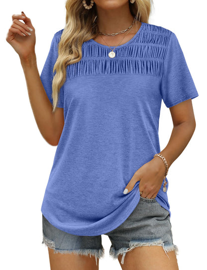 ✨Hot Sale-Women's Summer Tops 2025 Trendy Short Sleeve Shirts Smocked Crewneck Tee
