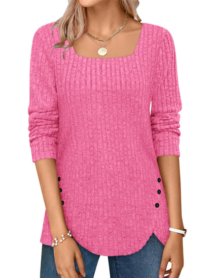 ✨Squared Neck Sweater Ribbed Knit Tunic Tee Shirts