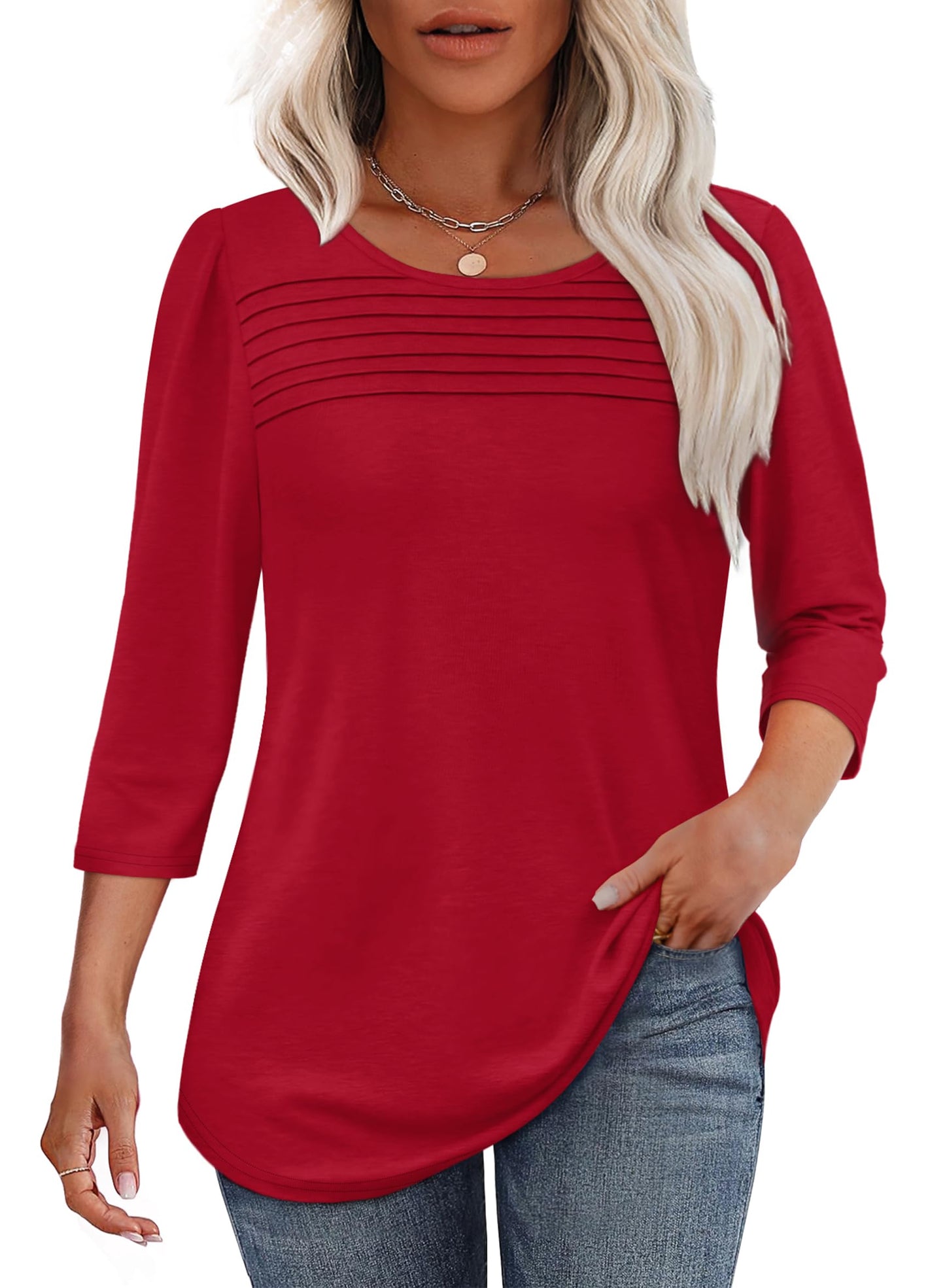 ✨ Women's 3/4 Length Sleeve Top Pleated Front T-Shirt