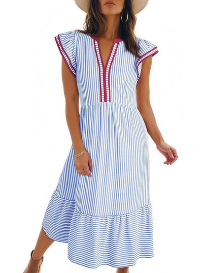 Womens V-Neck Ruffle Striped Beach Midi Maxi Dress with Pockets