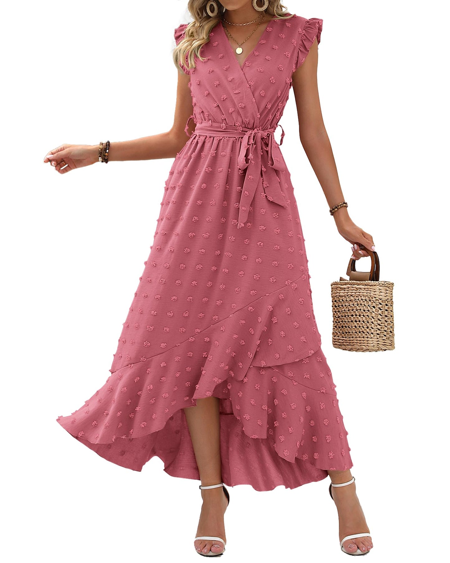 ✨Women's V Neck Cap Sleeve Swiss Dot Boho Flowy Ruffle Slit Long Maxi Dresses