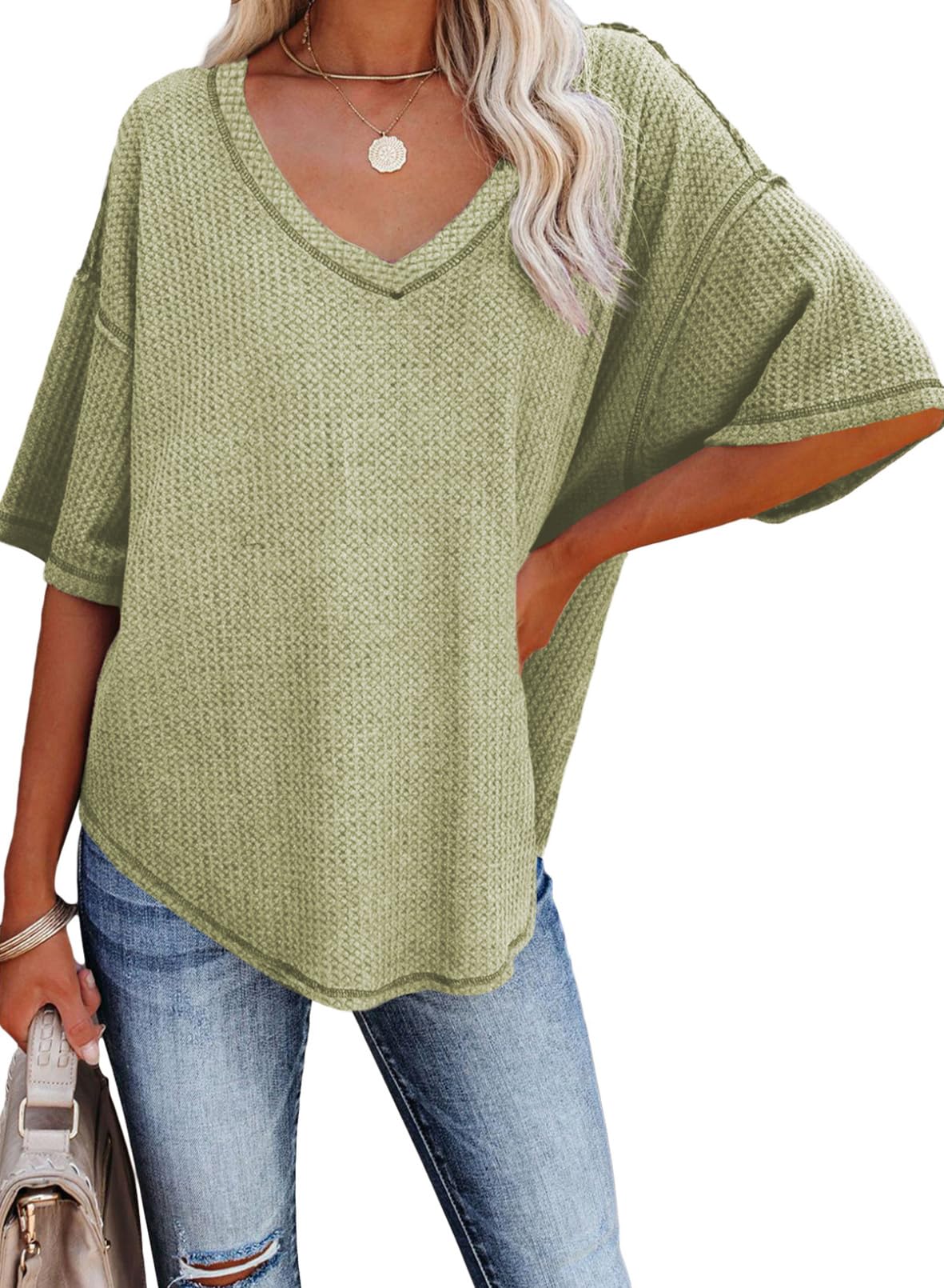 ✨Women's Causual V Neck Short Sleeve Shirts Waffle Knit Loose Tunic Tops