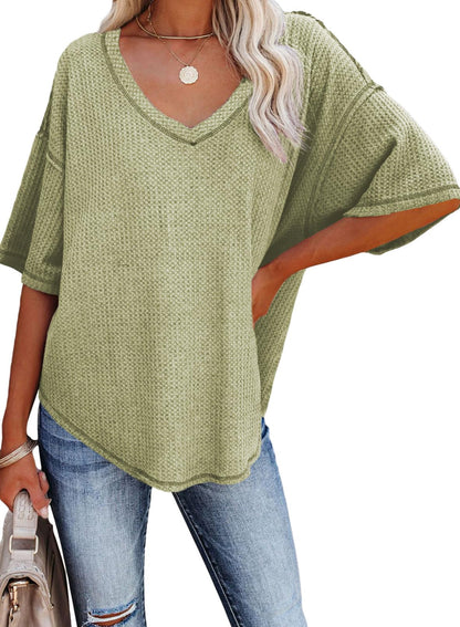 ✨Women's Causual V Neck Short Sleeve Shirts Waffle Knit Loose Tunic Tops