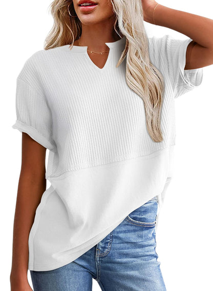 ✨Women's Casual V Neck Waffle Knit Tops Short Sleeve T Shirts
