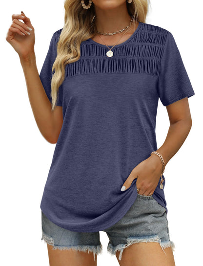 ✨Hot Sale-Women's Summer Tops 2025 Trendy Short Sleeve Shirts Smocked Crewneck Tee