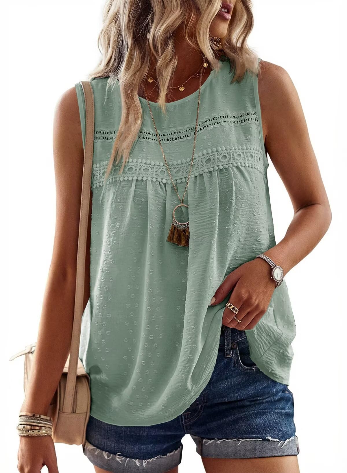 Womens Crewneck Sleeveless Flowy Lace Hem Tank Tops