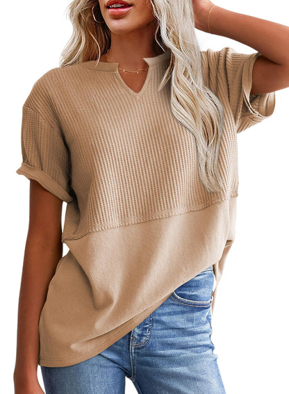 ✨Women's Casual V Neck Waffle Knit Tops Short Sleeve T Shirts
