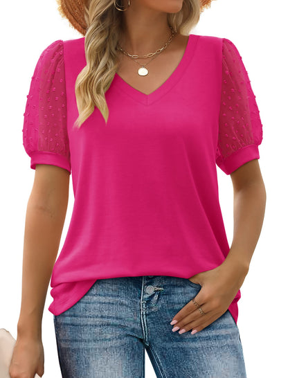 ✨New Women's Summer V Neck T Shirts Swiss Dot Puff Sleeve Tops