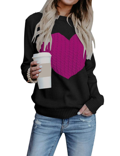 Women's Pullover Sweaters Long Sleeve Front Ribbed Knitted Cute Heart Sweater