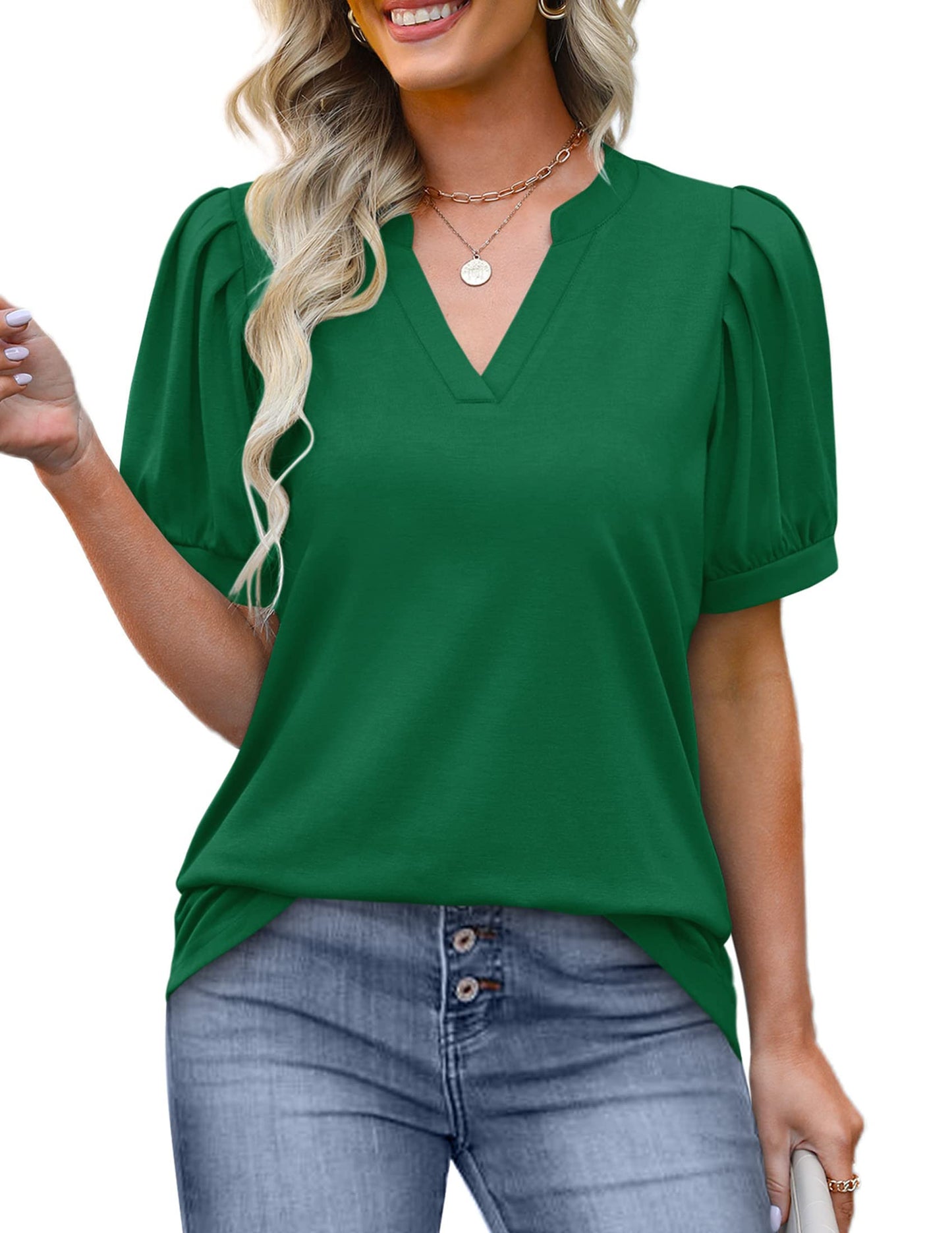 ✨Women's Pleated Puff Sleeve V Neck Tunic Tops