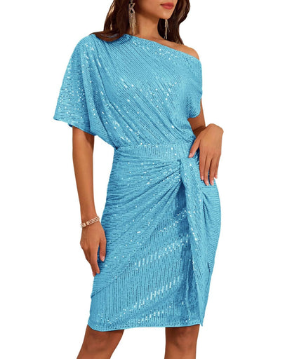 ✨Women's Sequin Sparkly Glitter One Shoulder Ruched Bodycon Dress(Last day 50% OFF!!!)