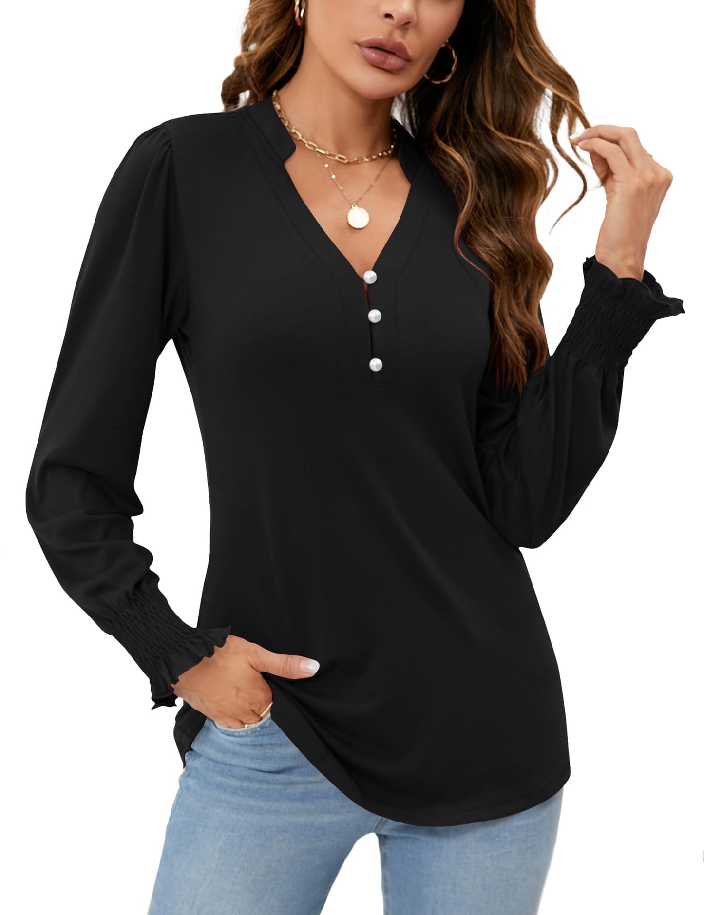 Womens V Neck Puff Long Sleeve Ruffle Cuffs Tunic Blouses