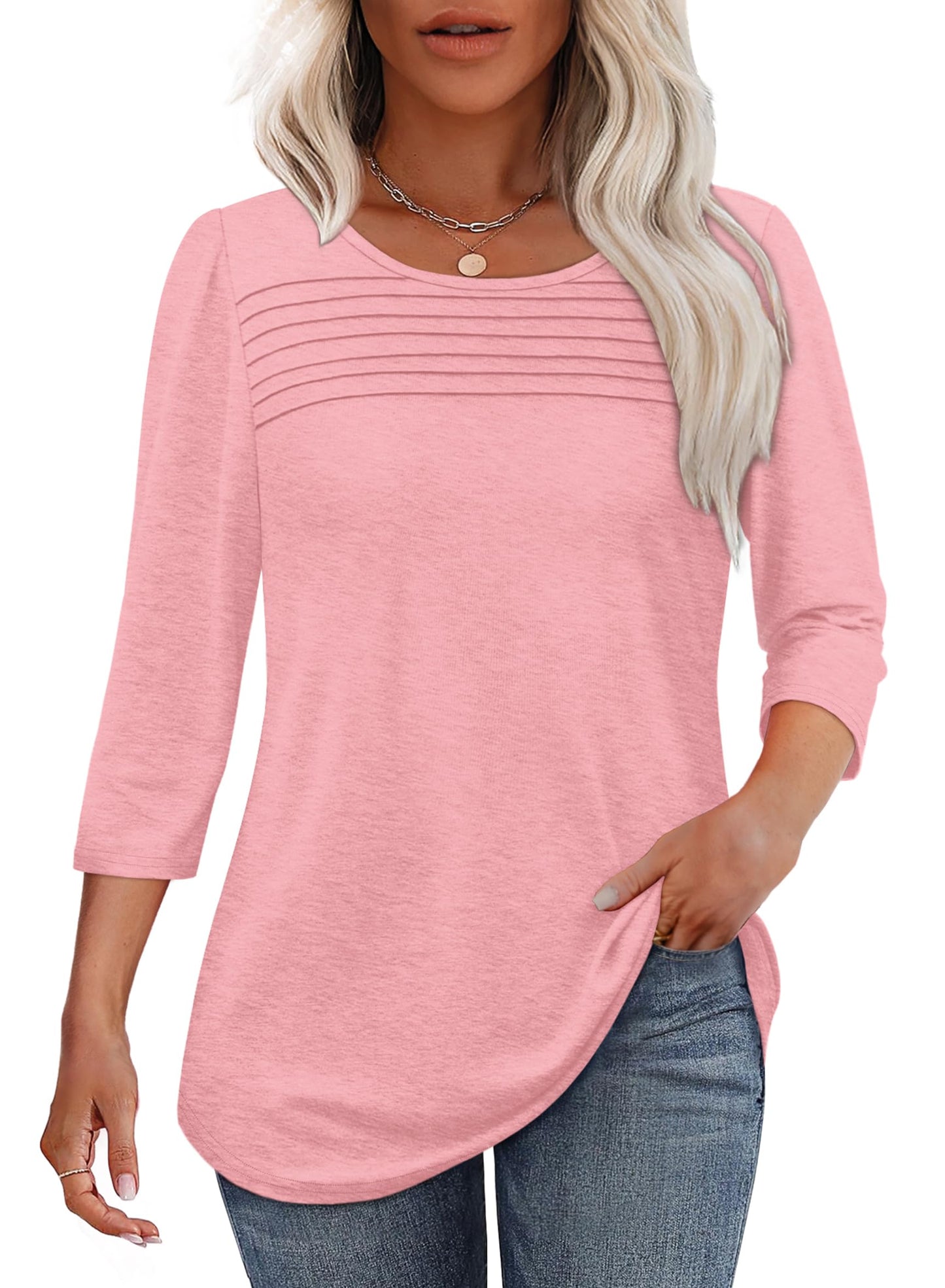 ✨ Women's 3/4 Length Sleeve Top Pleated Front T-Shirt