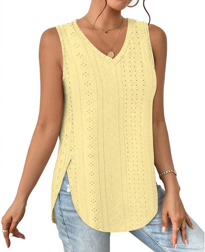 ✨ Womens V Neck Eyelet Embroidery Casaul Sleeveless Shirts