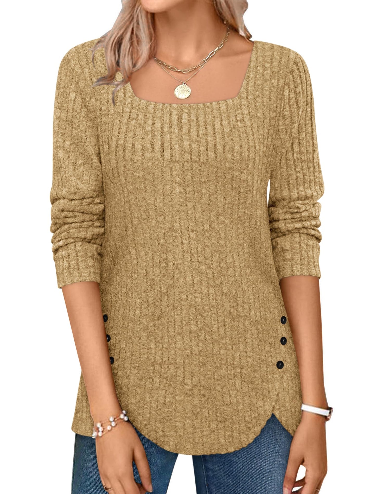 ✨Squared Neck Sweater Ribbed Knit Tunic Tee Shirts