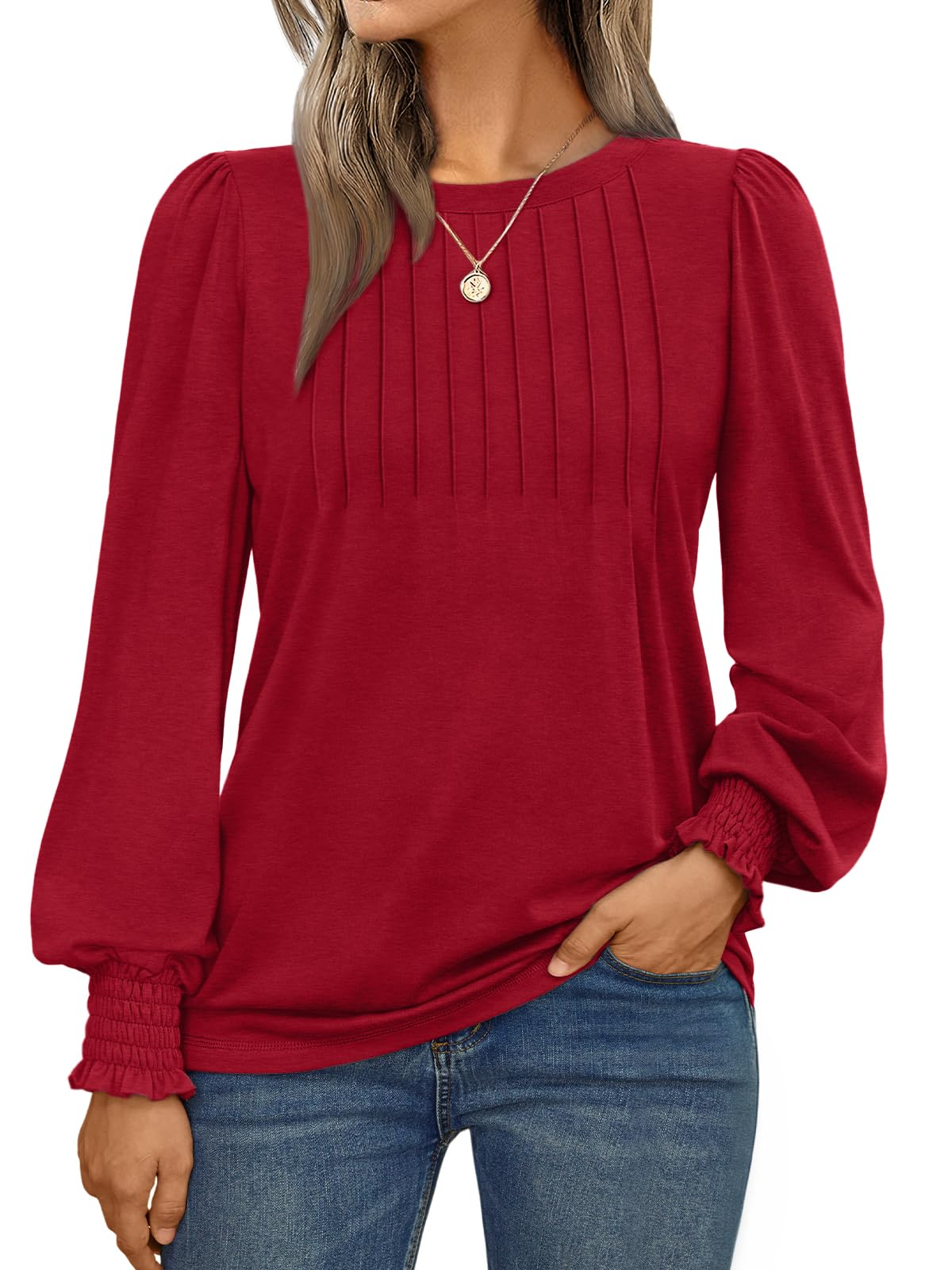 Long Sleeve Shirts Womens Pleated Business Casual Blouses