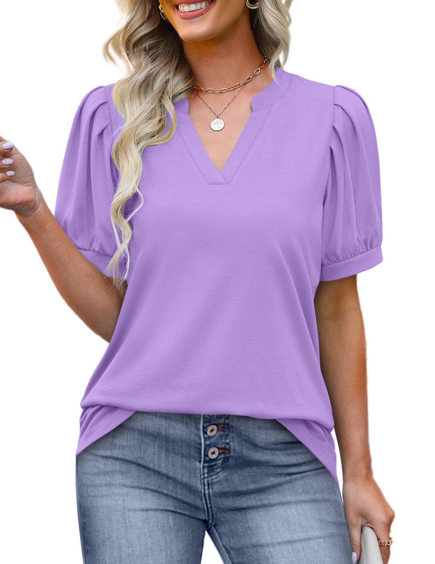 ✨Women's Pleated Puff Sleeve V Neck Tunic Tops