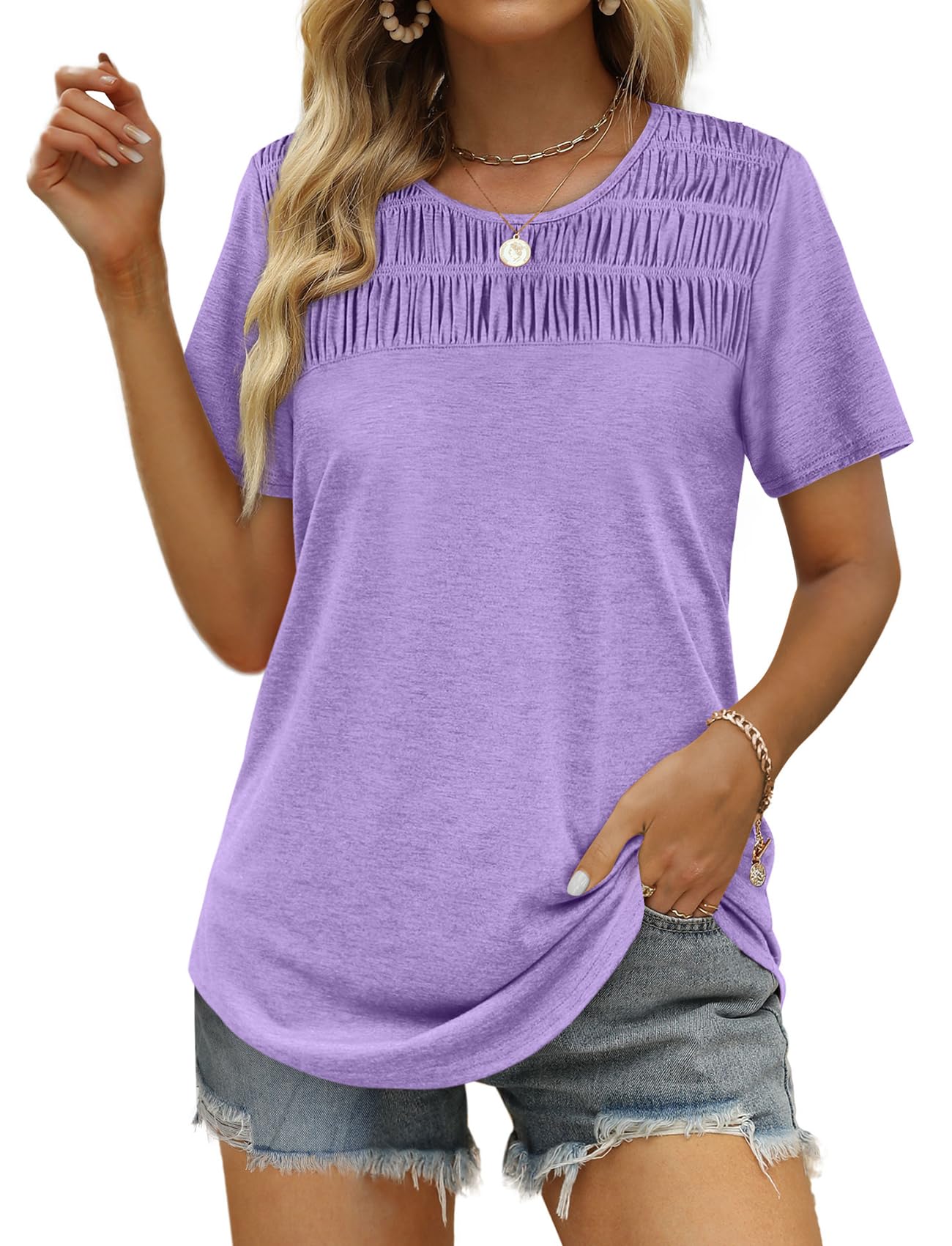 ✨Hot Sale-Women's Summer Tops 2025 Trendy Short Sleeve Shirts Smocked Crewneck Tee