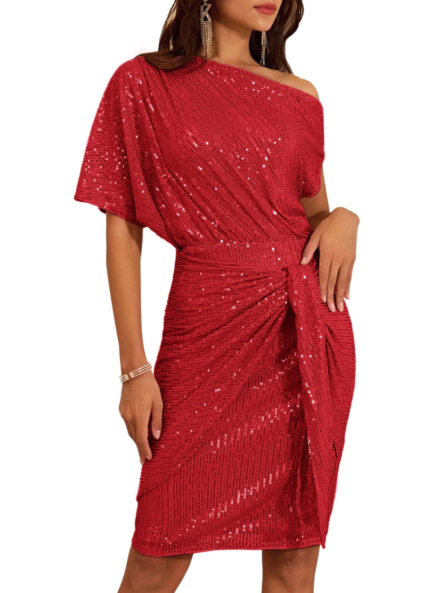 ✨Women's Sequin Sparkly Glitter One Shoulder Ruched Bodycon Dress(Last day 50% OFF!!!)