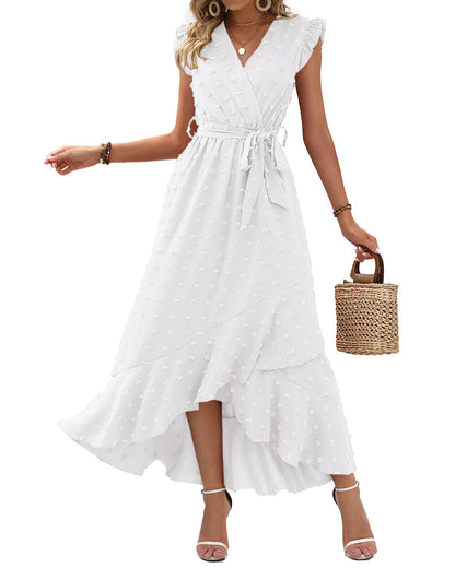 ✨Women's V Neck Cap Sleeve Swiss Dot Boho Flowy Ruffle Slit Long Maxi Dresses