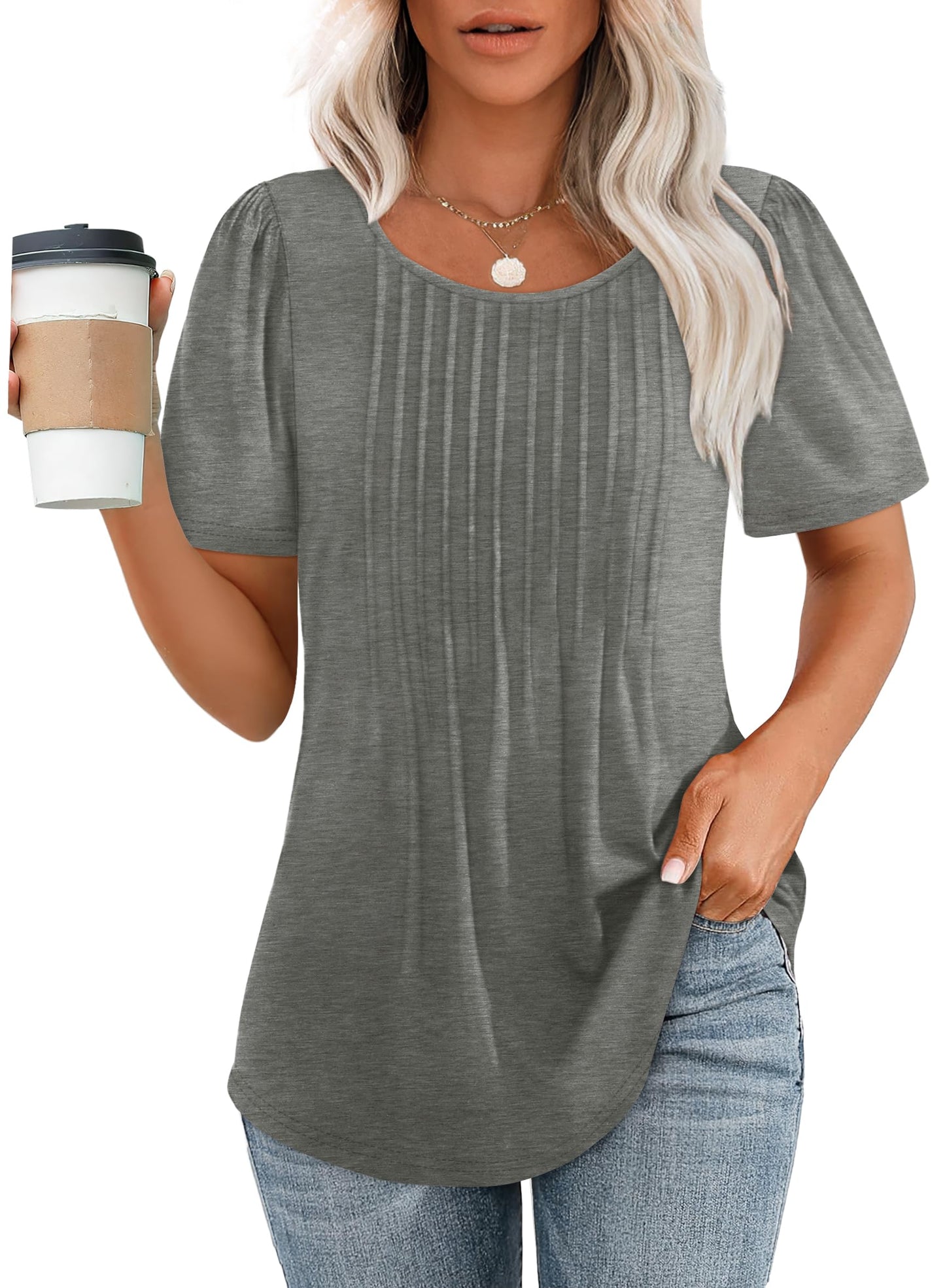 ✨Women's Short Sleeve Pleated Dressy Casual Scooped Neck Tops