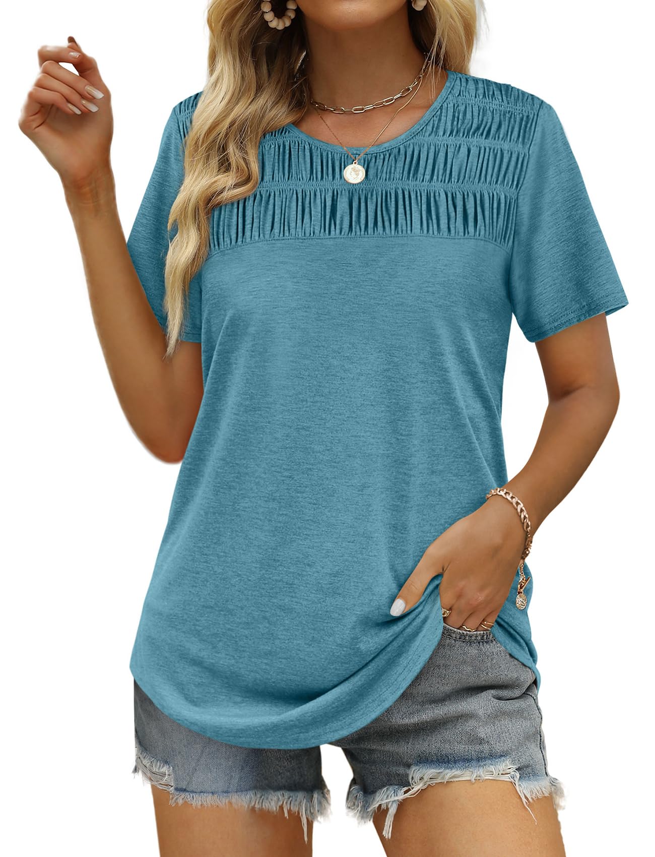 ✨Hot Sale-Women's Summer Tops 2025 Trendy Short Sleeve Shirts Smocked Crewneck Tee
