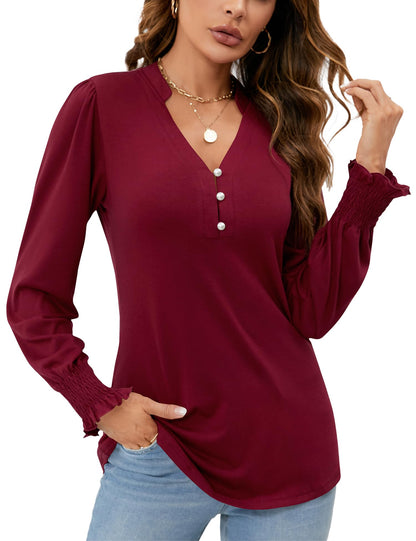 Womens V Neck Puff Long Sleeve Ruffle Cuffs Tunic Blouses