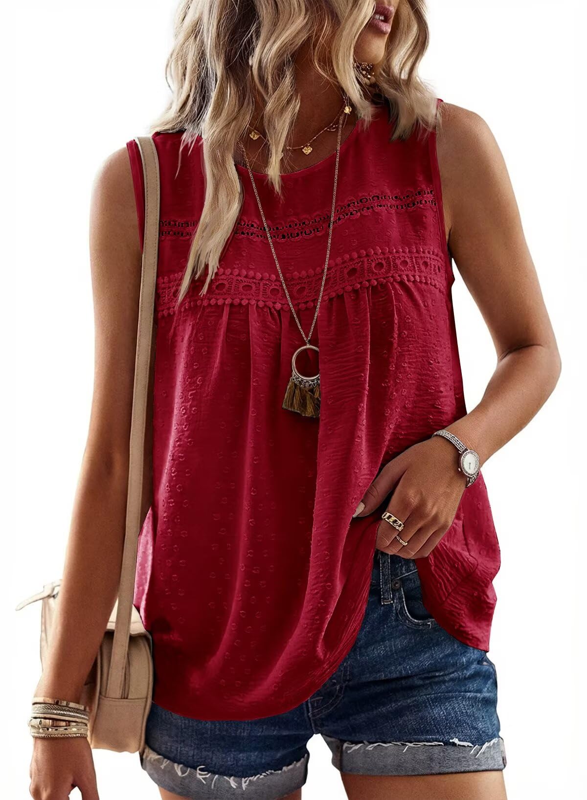 Womens Crewneck Sleeveless Flowy Lace Hem Tank Tops
