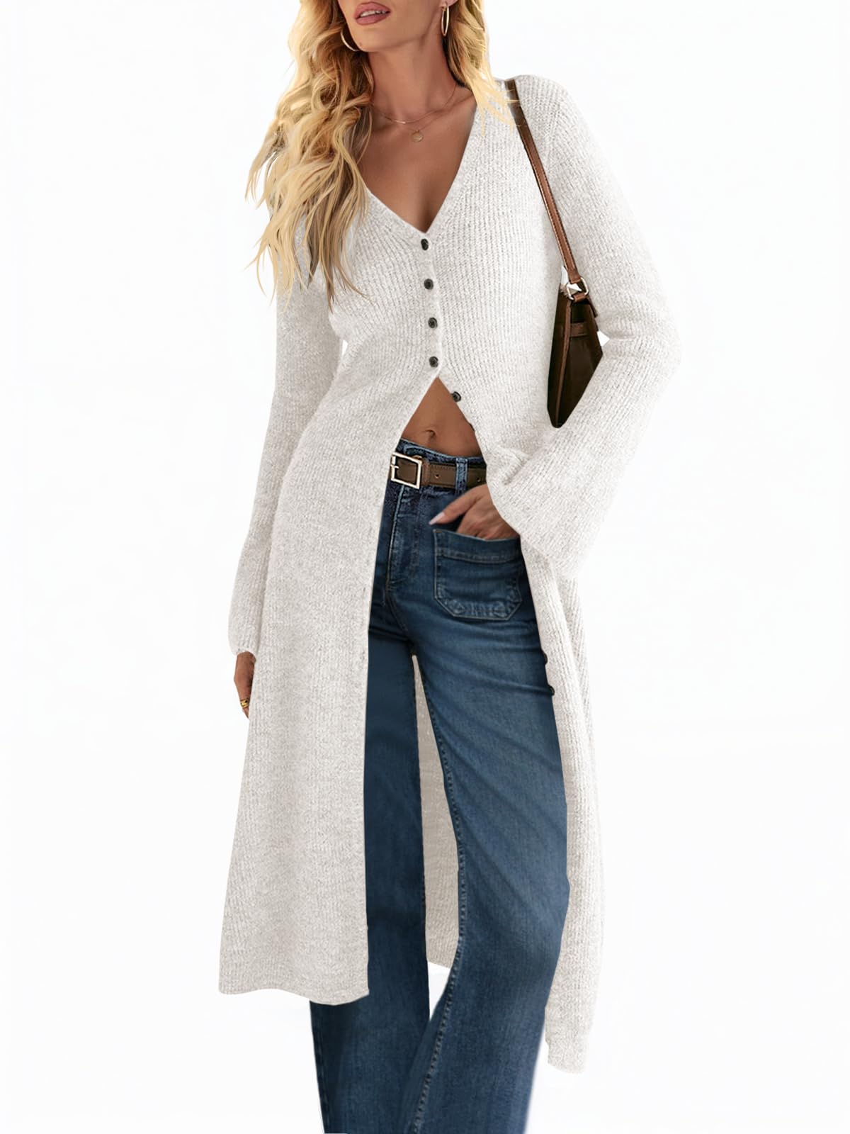 Women's V Neck Bell Sleeve Maxi Knit Cardigan