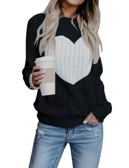 Women's Pullover Sweaters Long Sleeve Front Ribbed Knitted Cute Heart Sweater