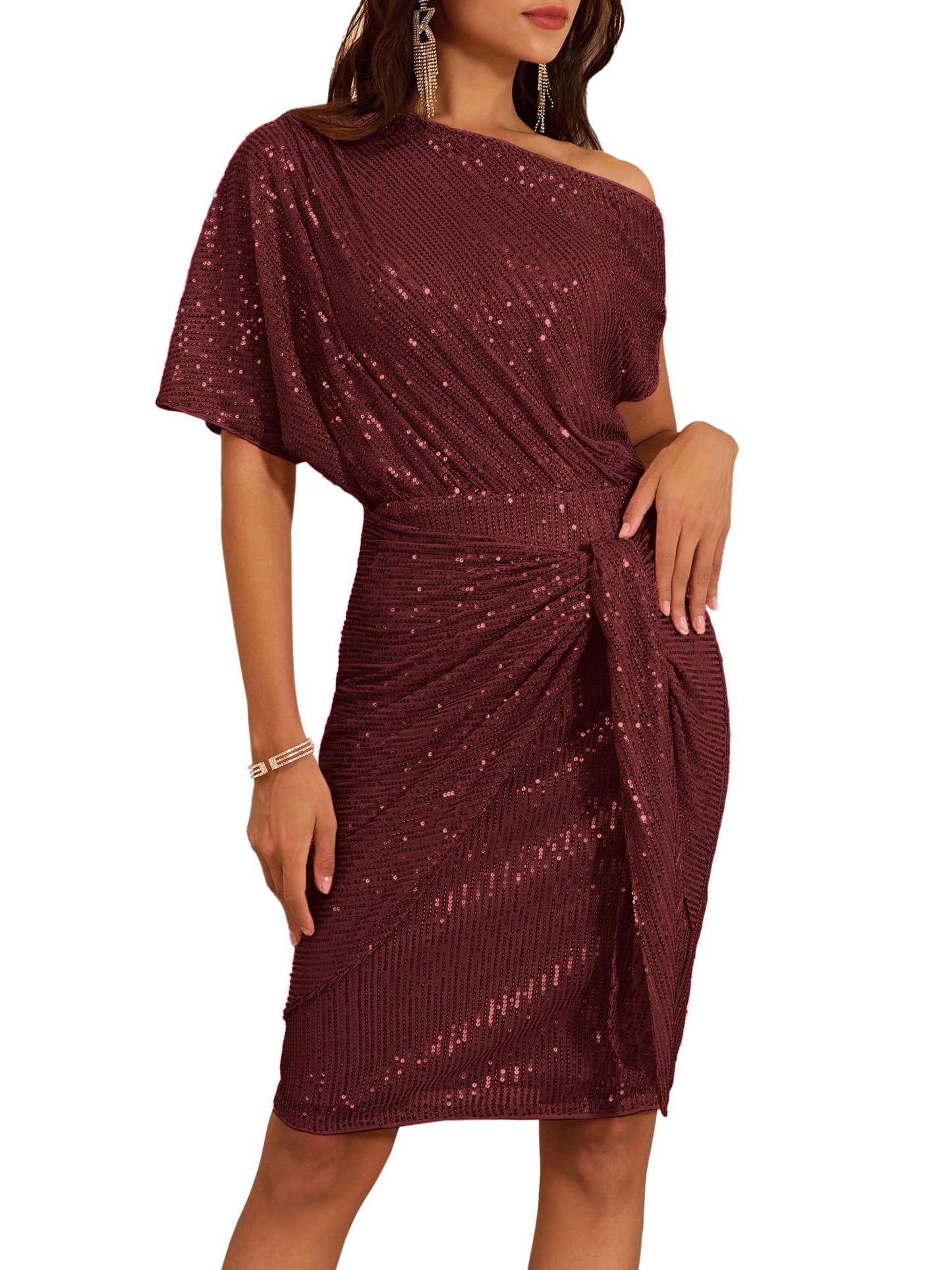 ✨Women's Sequin Sparkly Glitter One Shoulder Ruched Bodycon Dress(Last day 50% OFF!!!)