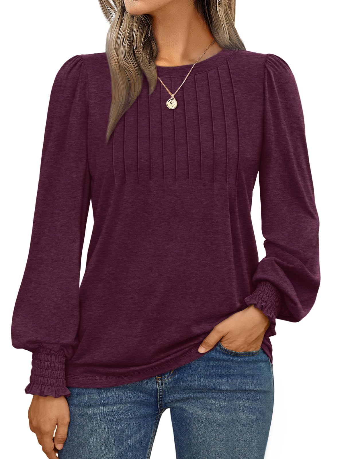 Long Sleeve Shirts Womens Pleated Business Casual Blouses
