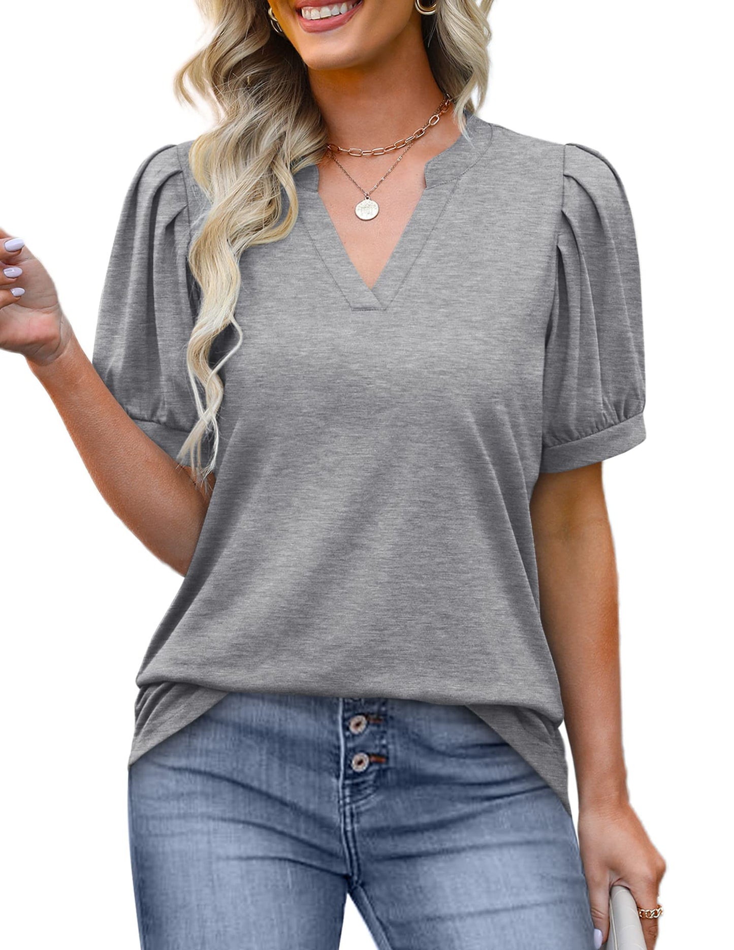 ✨Women's Pleated Puff Sleeve V Neck Tunic Tops
