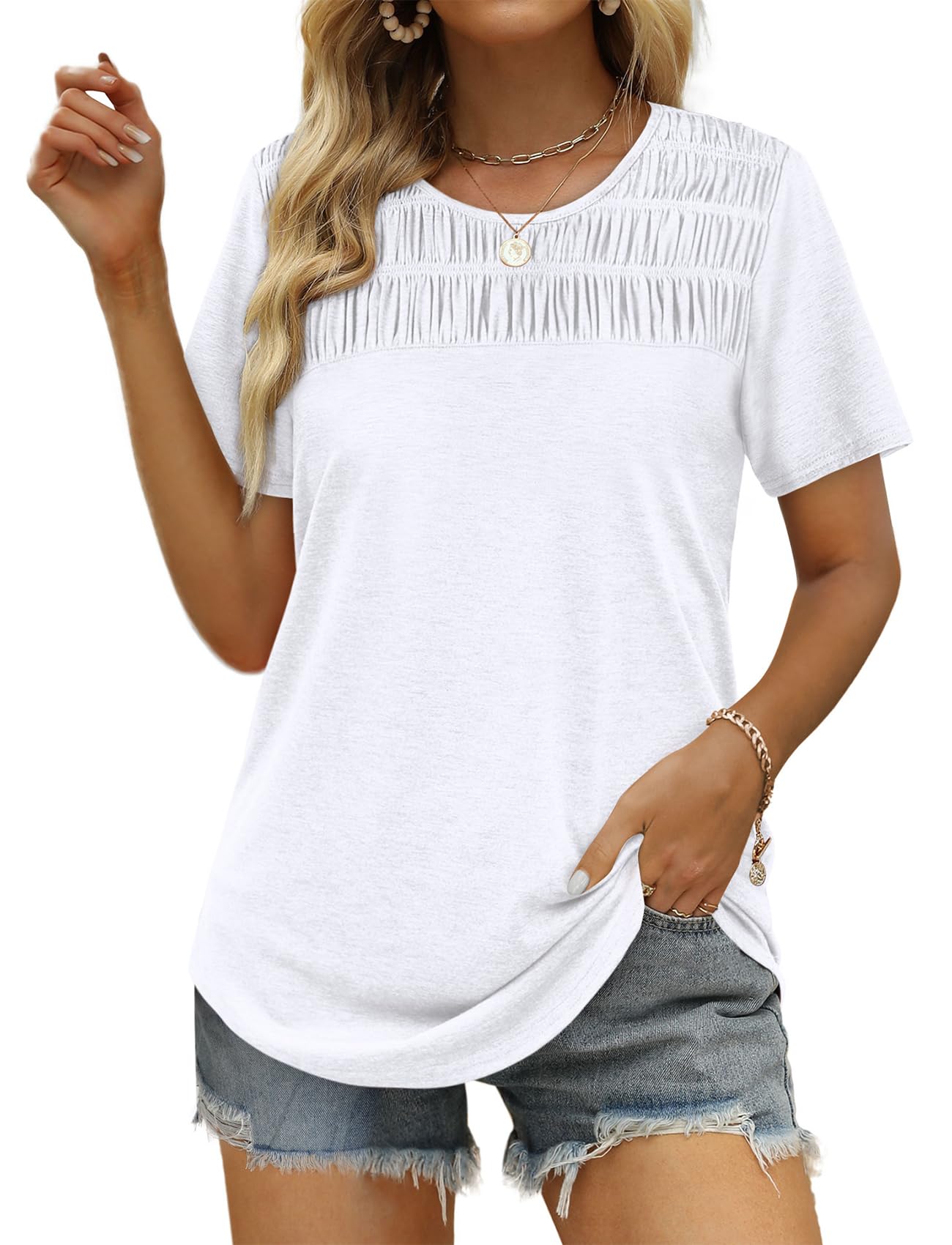 ✨Hot Sale-Women's Summer Tops 2025 Trendy Short Sleeve Shirts Smocked Crewneck Tee