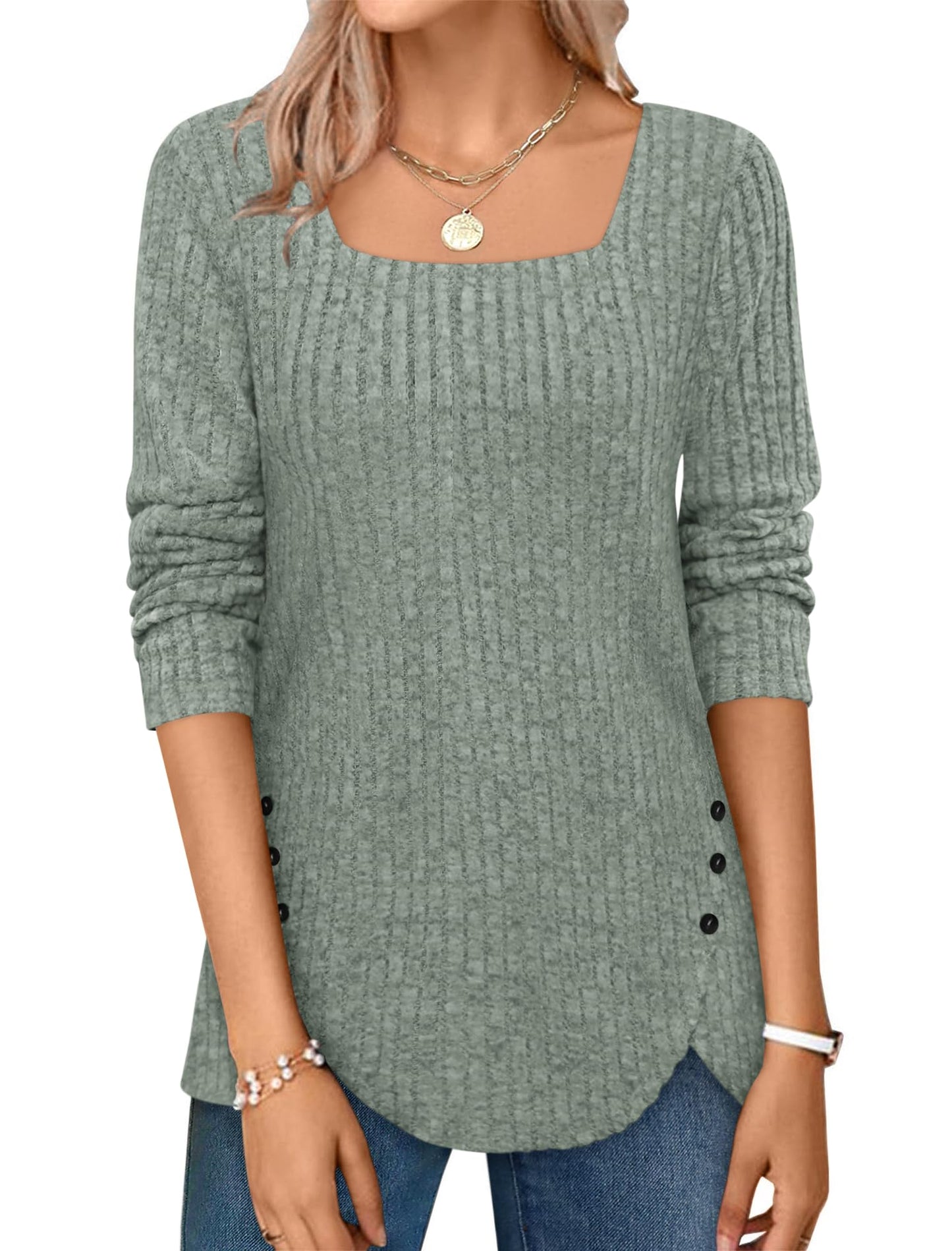 ✨Squared Neck Sweater Ribbed Knit Tunic Tee Shirts