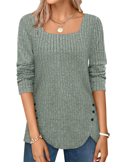 ✨Squared Neck Sweater Ribbed Knit Tunic Tee Shirts
