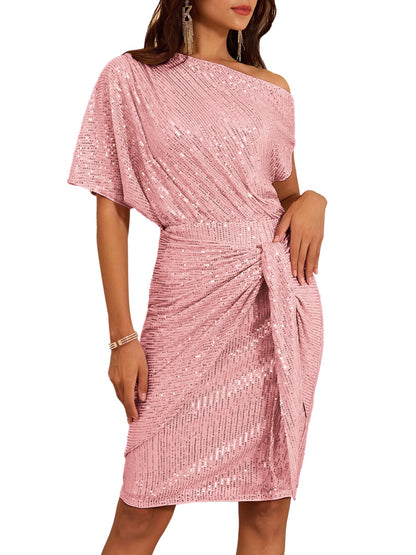 ✨Women's Sequin Sparkly Glitter One Shoulder Ruched Bodycon Dress(Last day 50% OFF!!!)