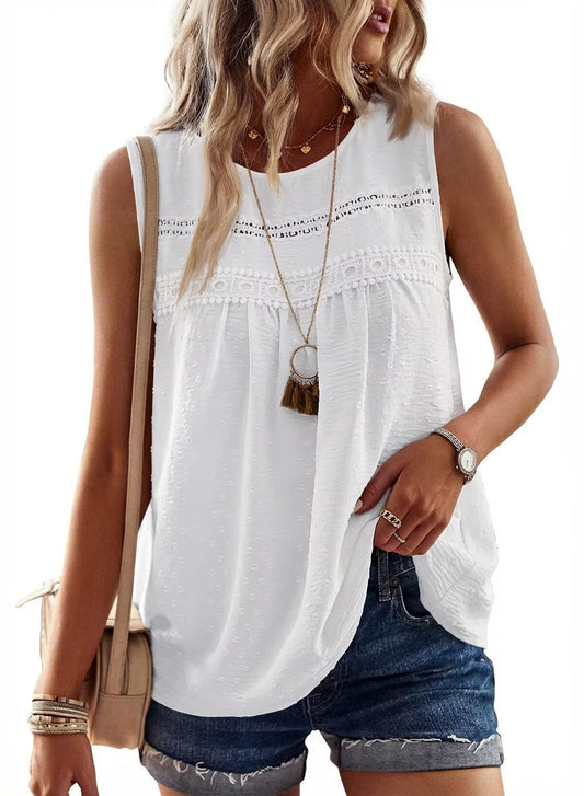 Womens Crewneck Sleeveless Flowy Lace Hem Tank Tops