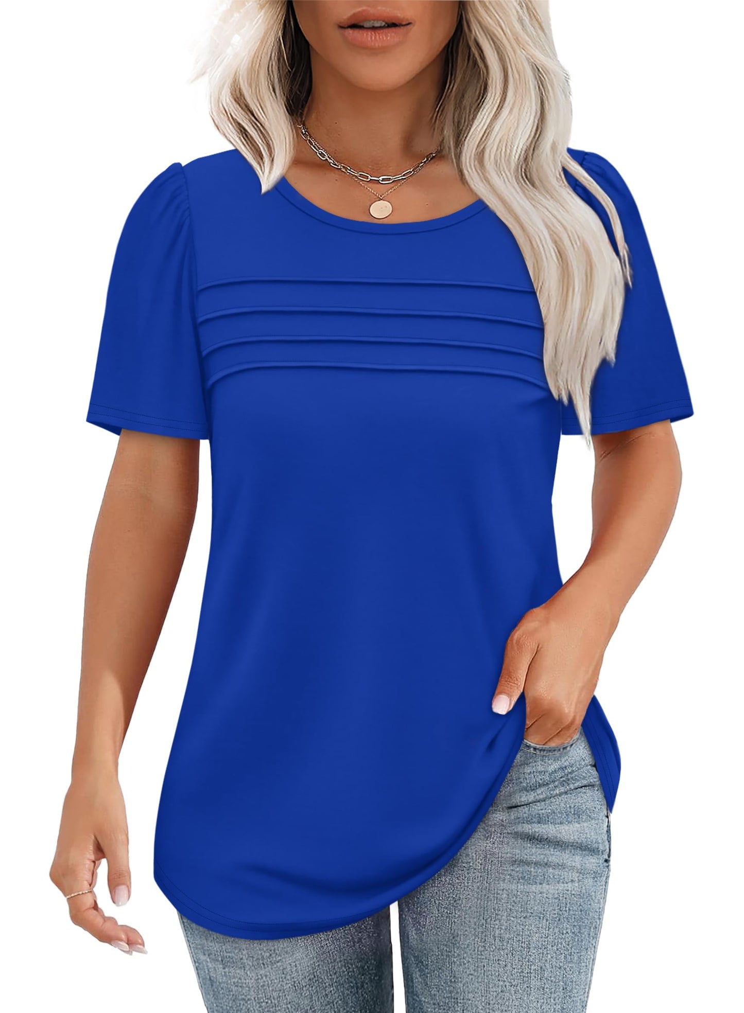 ✨Women's Short Sleeve Pleated Front Scooped Neck Tops