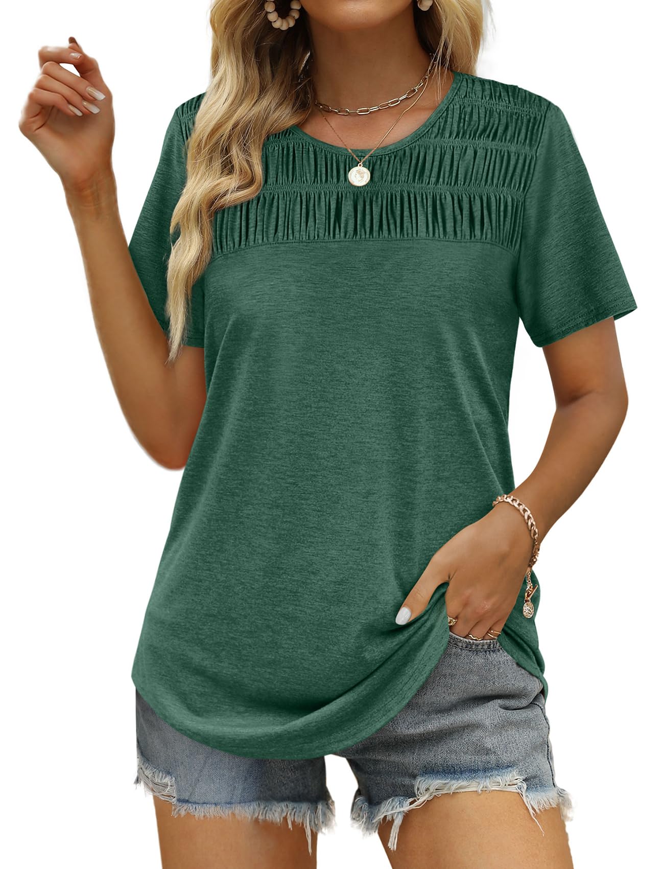 ✨Hot Sale-Women's Summer Tops 2025 Trendy Short Sleeve Shirts Smocked Crewneck Tee