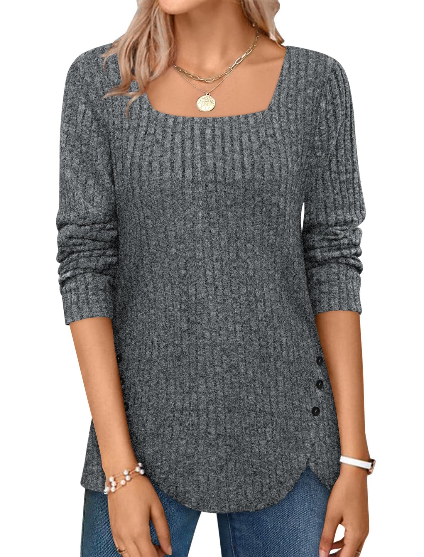 ✨Squared Neck Sweater Ribbed Knit Tunic Tee Shirts