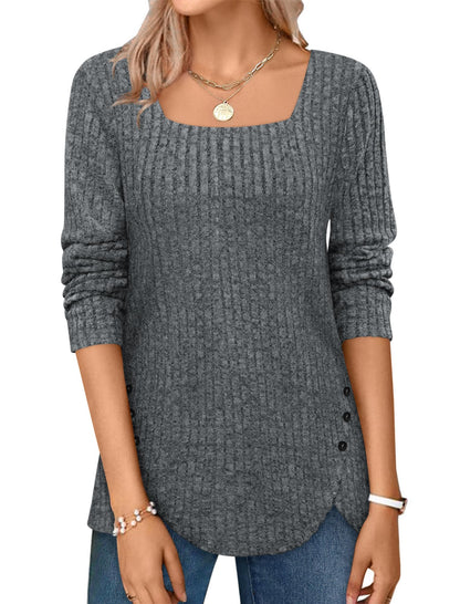 ✨Squared Neck Sweater Ribbed Knit Tunic Tee Shirts