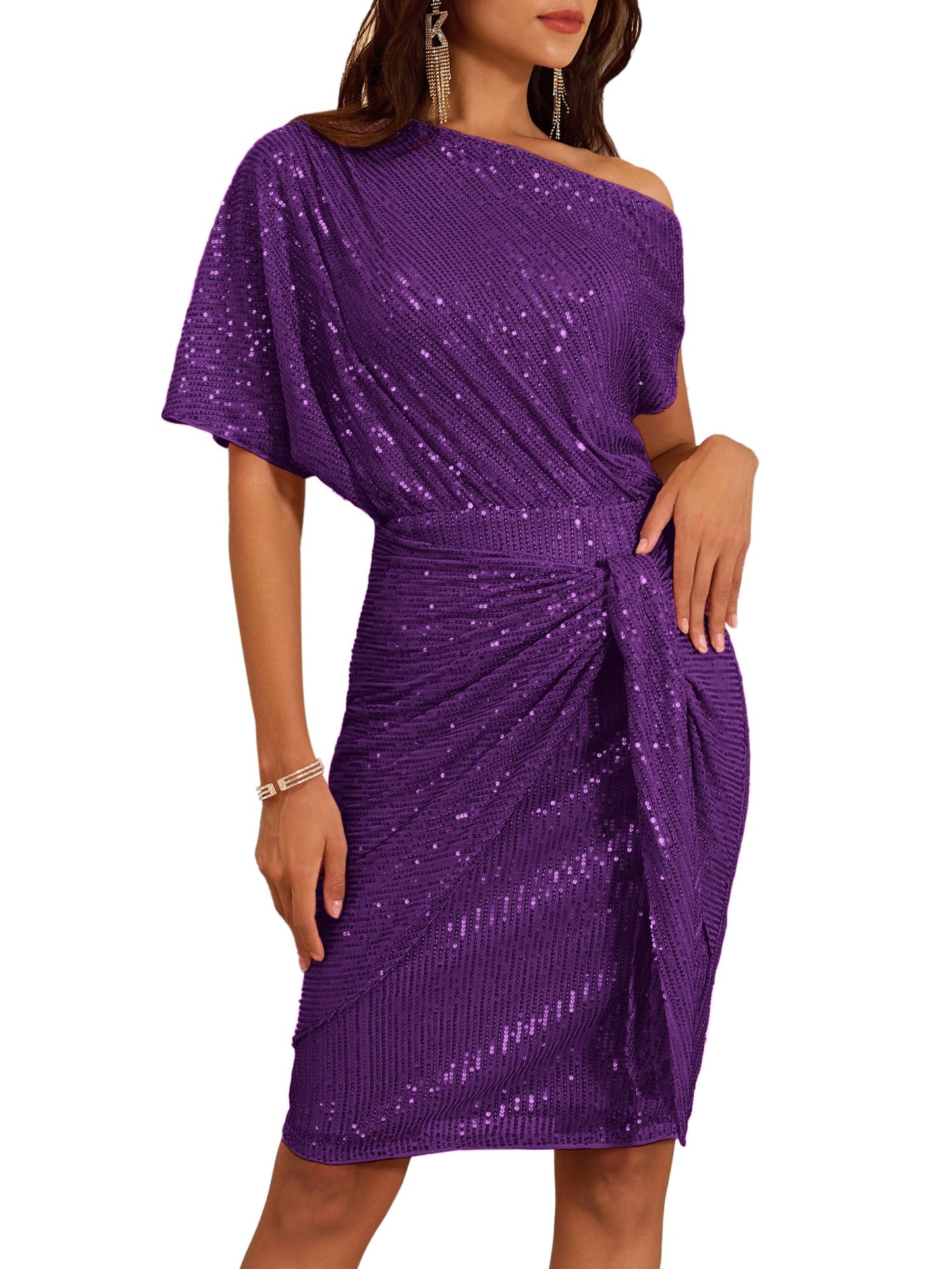 ✨Women's Sequin Sparkly Glitter One Shoulder Ruched Bodycon Dress(Last day 50% OFF!!!)