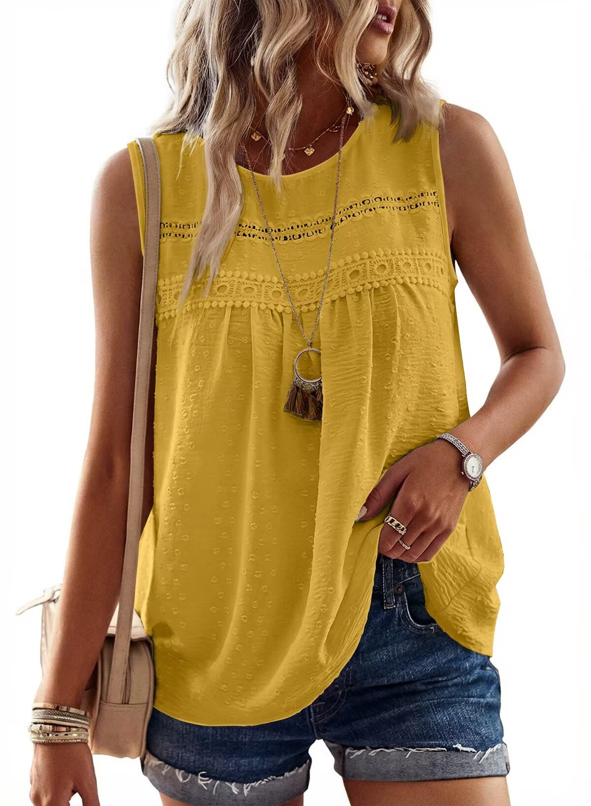 Womens Crewneck Sleeveless Flowy Lace Hem Tank Tops