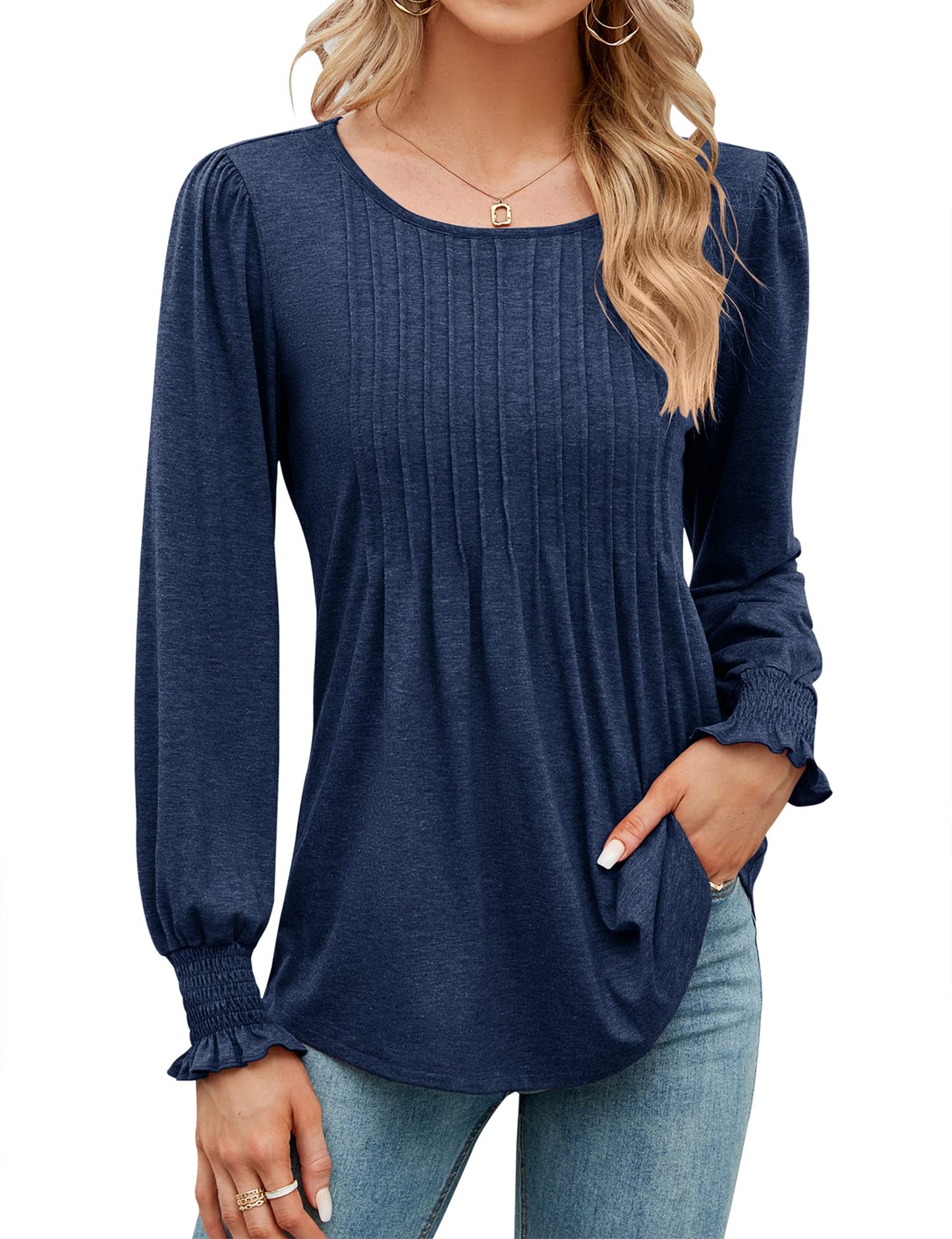 ✨Fall New Women's Pleated Puff Long Sleeve Tunic Tops