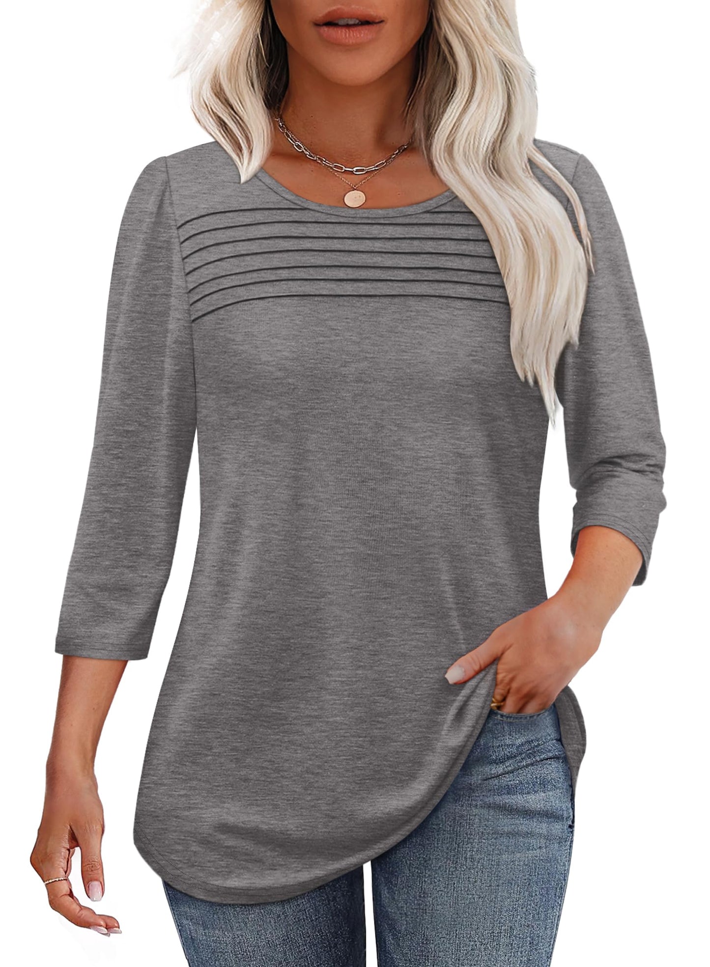 ✨ Women's 3/4 Length Sleeve Top Pleated Front T-Shirt