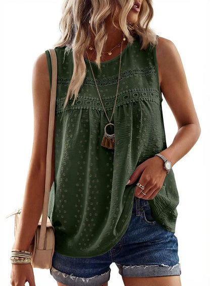 Womens Crewneck Sleeveless Flowy Lace Hem Tank Tops